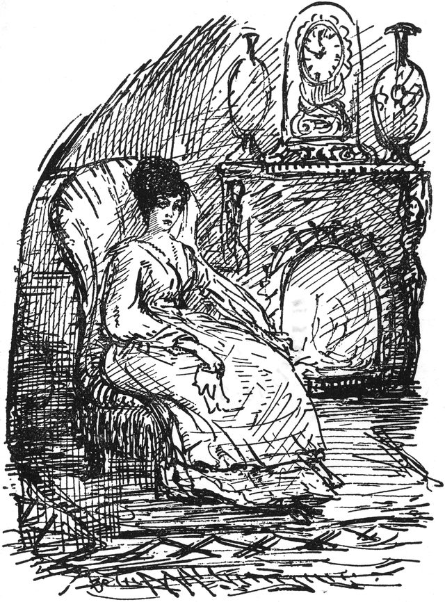 Melitta, am Kamin im Sessel   sitzend