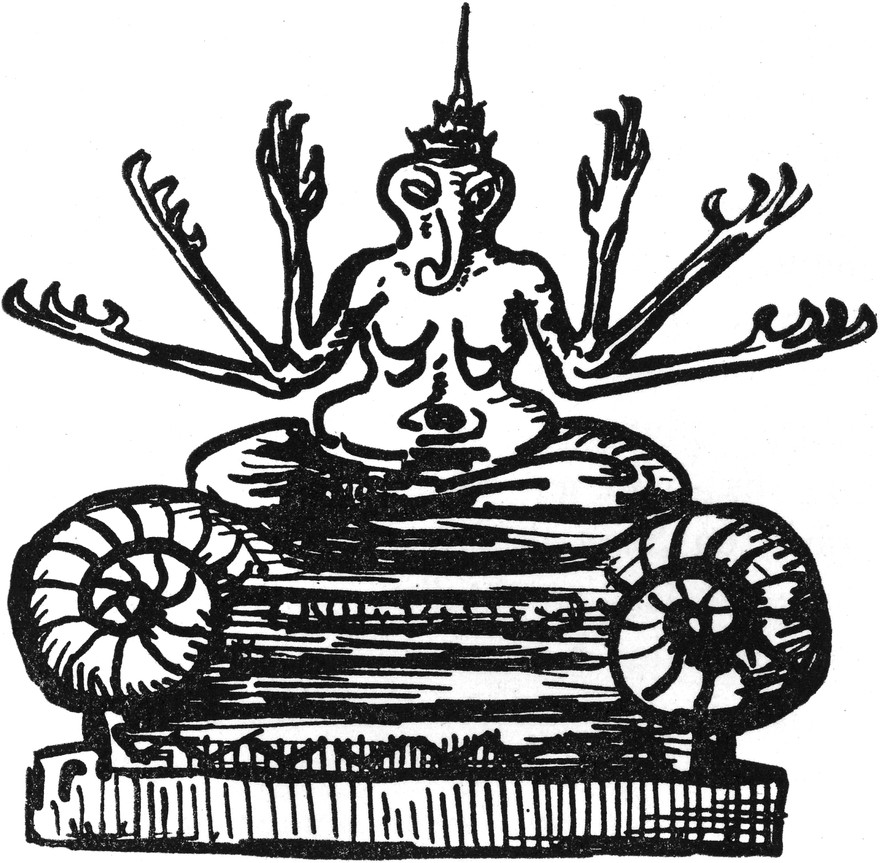 Ein sechsarmiger Ureinwohner   des Traumlandes in Meditation