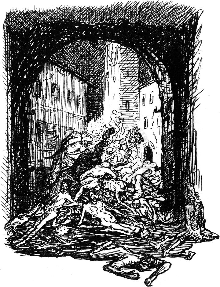 Haufen von Menschen verwesen   in den Gassen des französischen Viertels
