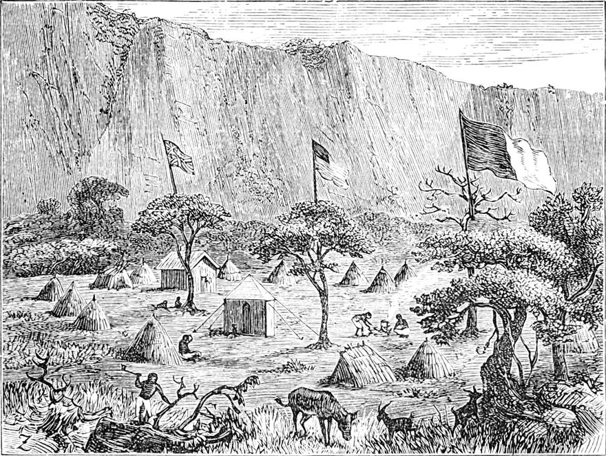 Die Expedition   lagert am Fuß eines Steilhanges