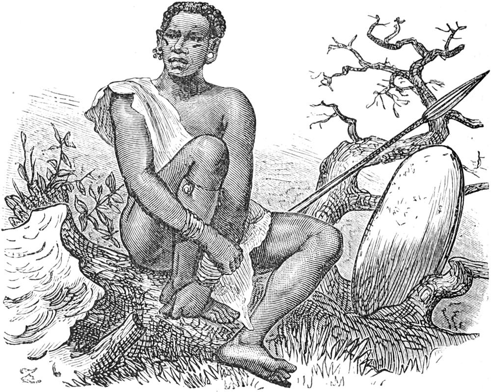 Der Sohn des   Msagira mit Schild und Speer