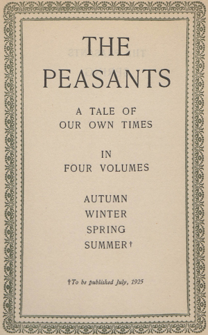 Series title page image with decorative border. THE PEASANTS; A TALE OF OUR OWN TIMES IN FOUR VOLUMES; AUTUMN; WINTER; SPRING; SUMMER
