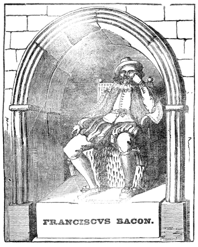 A statue of a man seated on a chair, his head resting on one hand, with the legend: FRANCISCVS BACON.