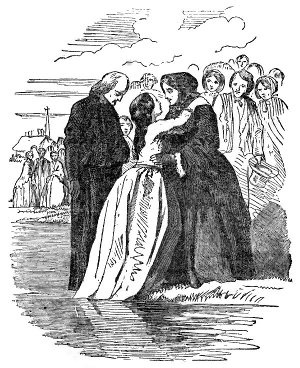 Theodosia embraces her mother, Mrs. Ernest, after being immersed.
