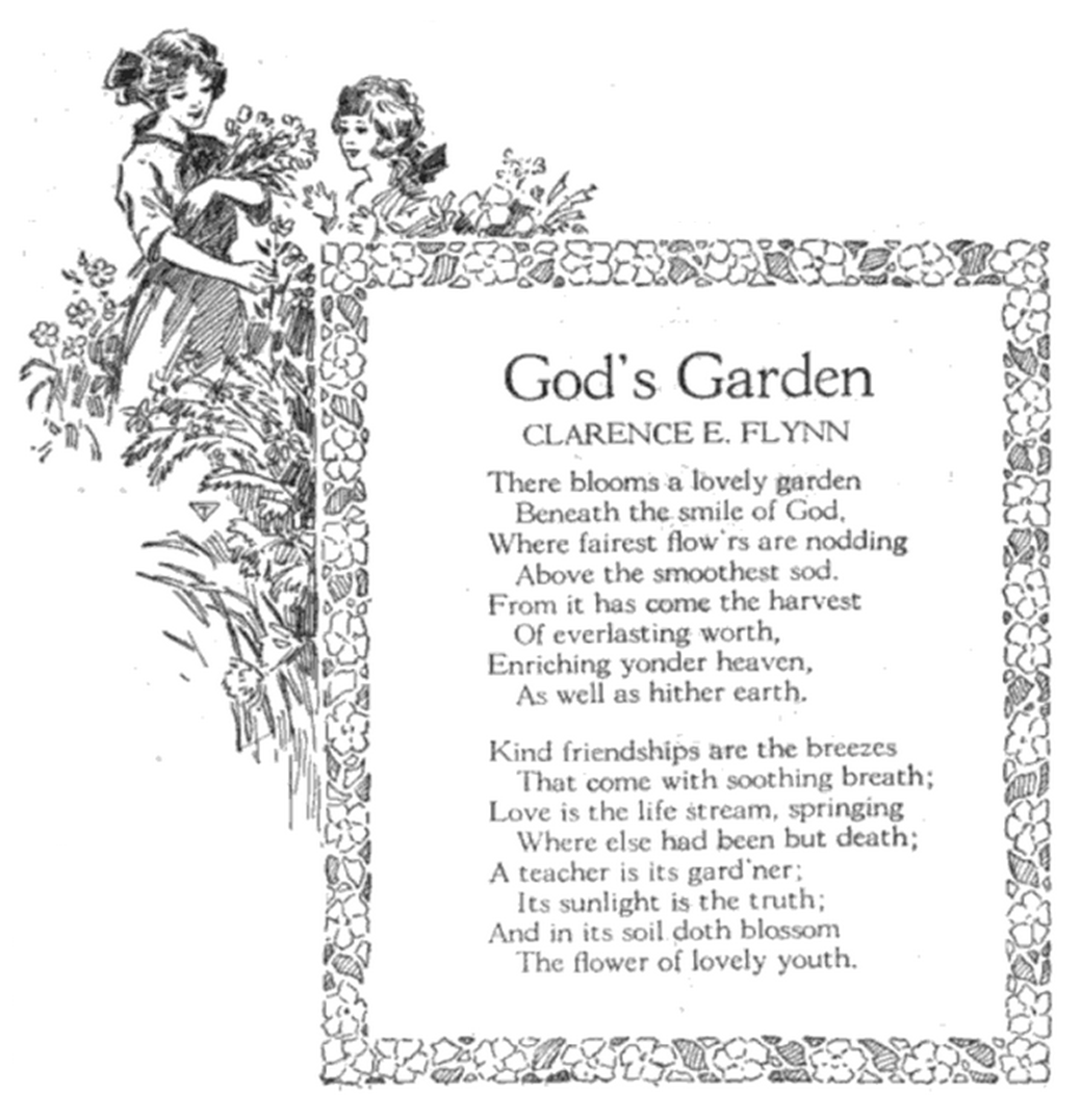 [Poem is framed by illustrated flowers. Outside the frame—from middle-left to middle-top—is an illustration of two young, smiling girls standing in the midst of flowers. The older girl is cradling several picked flowers in one arm while her other arm is extended and selecting another.]
