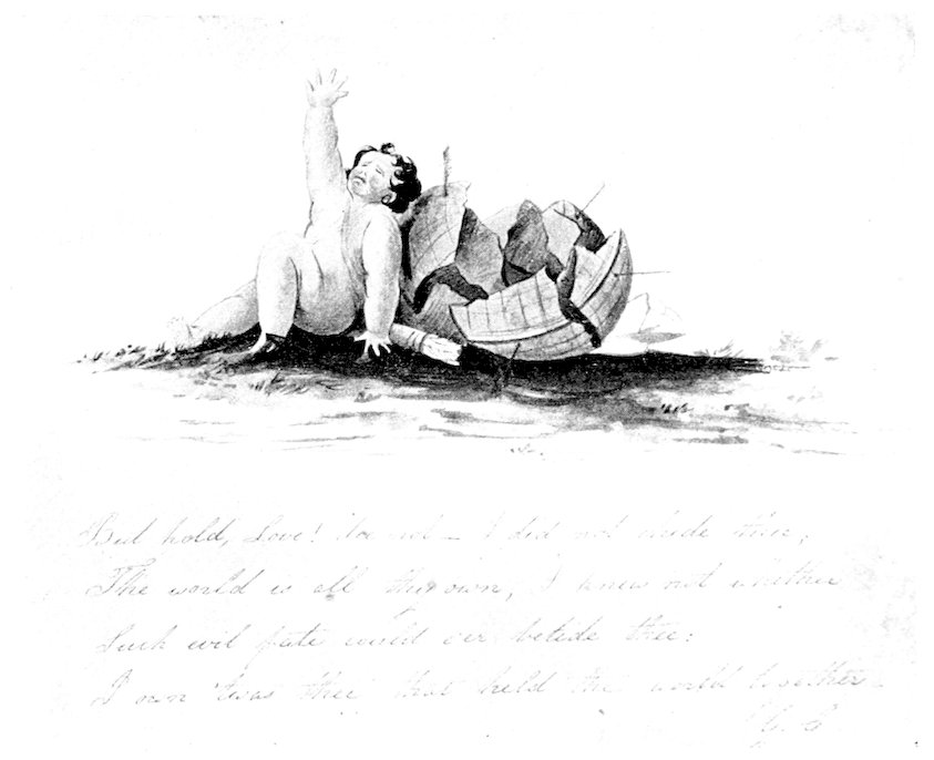 Manuscript page with faint handwritten text and a pencil illustration of a nude child seated on the ground, raising one arm, beside a broken globe lying behind the figure.