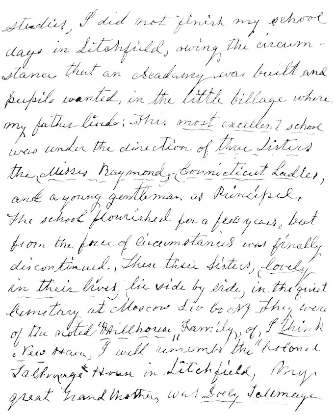 Four-page handwritten letter dated February 14, 1882, written in cursive ink, discussing personal history, family connections, schooling in Litchfield, and memories of the Litchfield Female Academy.