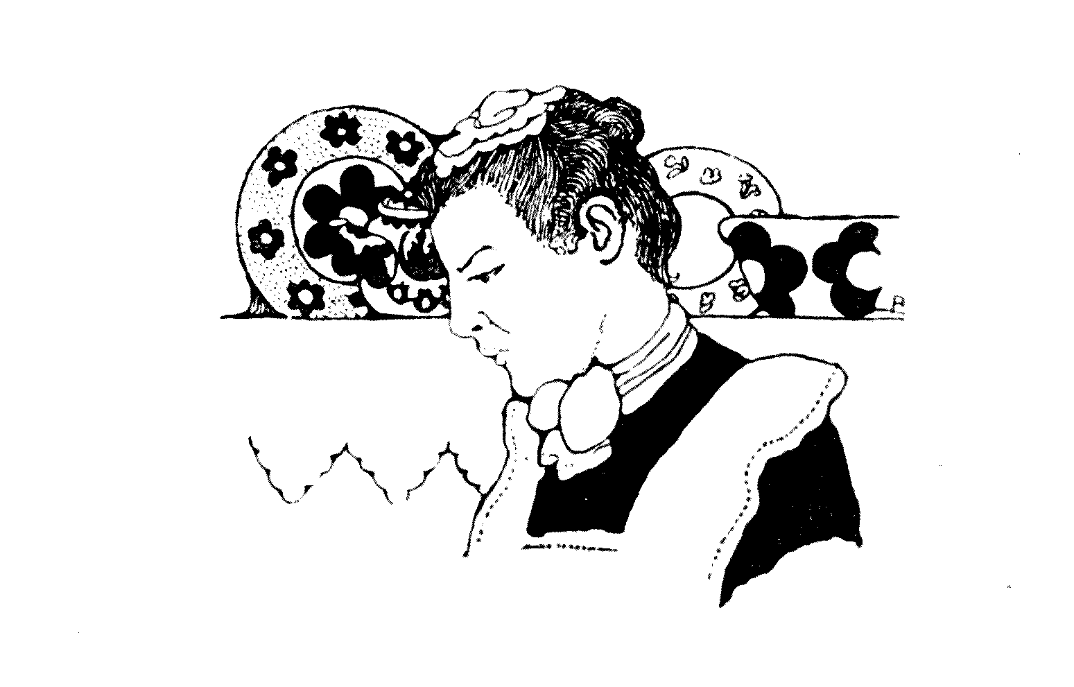 a woman servant standing before a cupboard full of decorated dishes