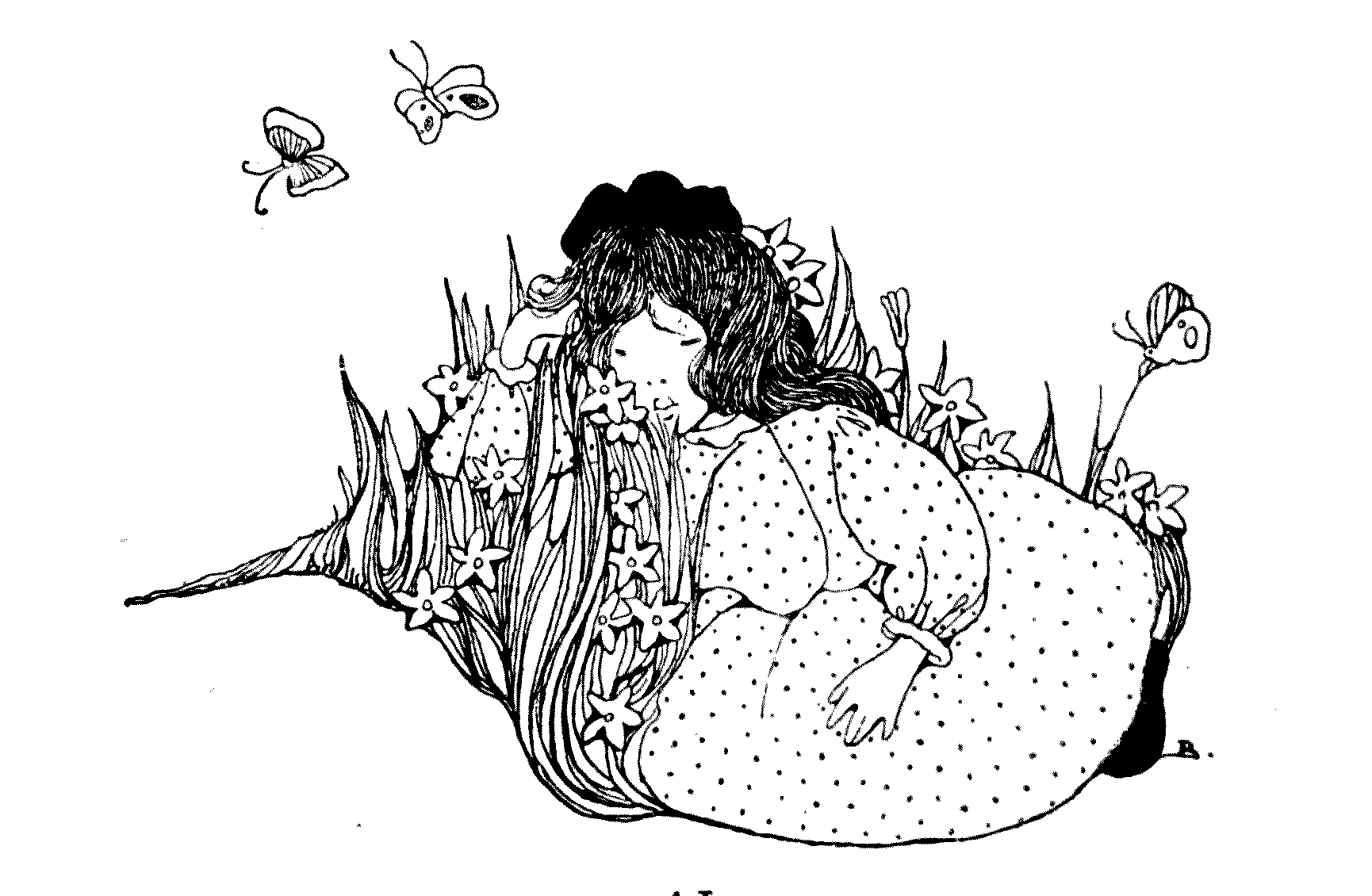 girl lying in the grass with flowers and butterflies