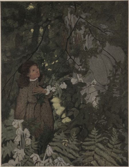 girl talking to a grey person in a forest