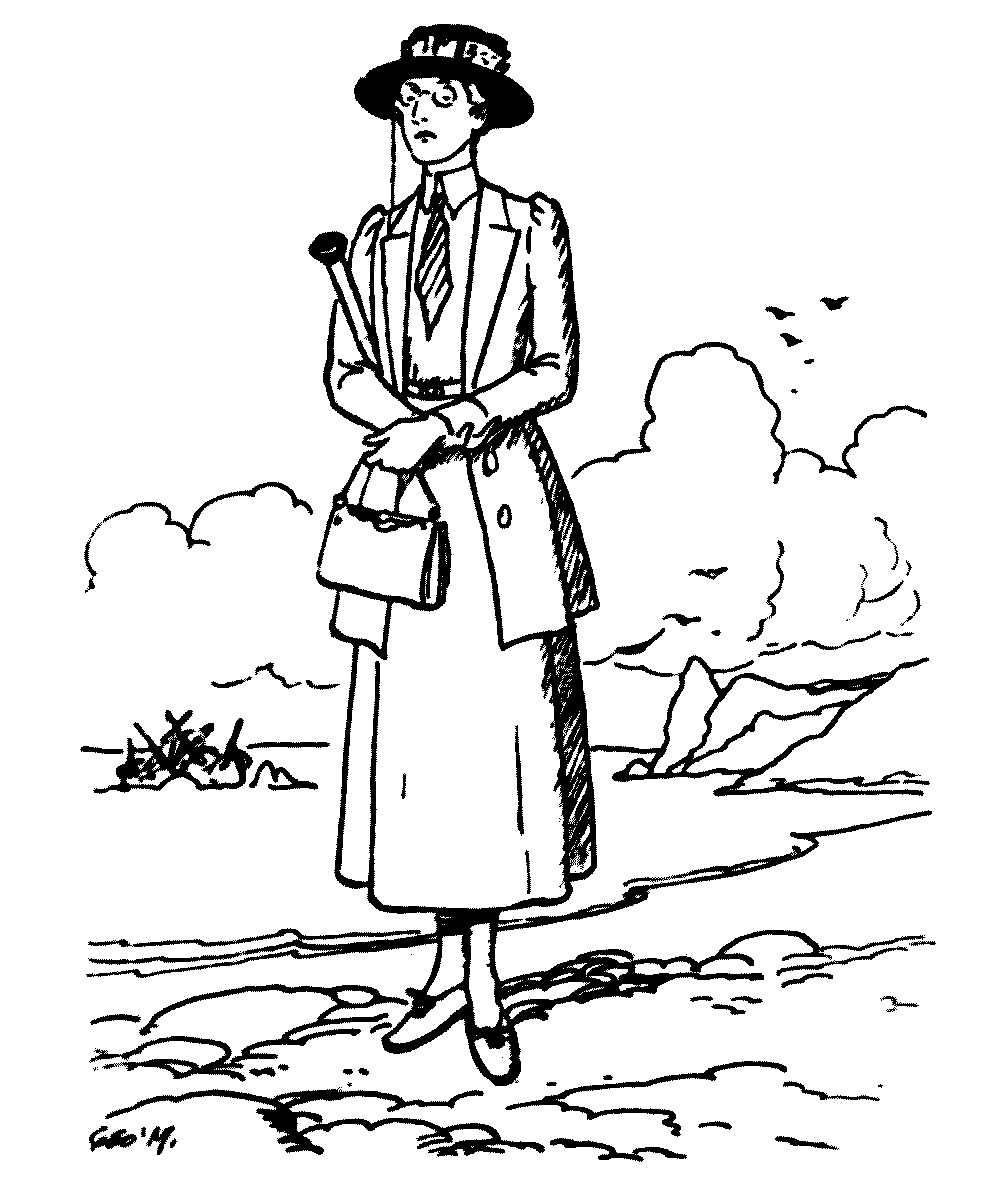 The drawing of a woman with a hat, cane, tie and spectacles with a serious expression.