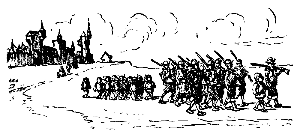 A drawing os several snergs and soldiers leaving a city.