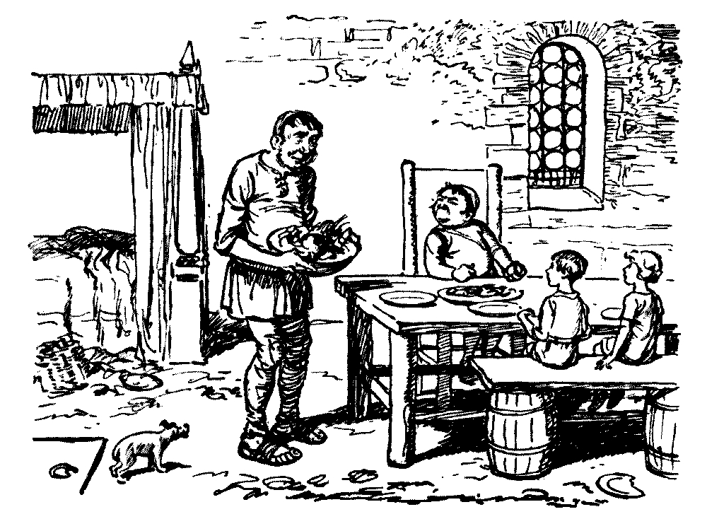 A drawing of two children and a snerg sitting at a table waiting for a man to serve them a meal.