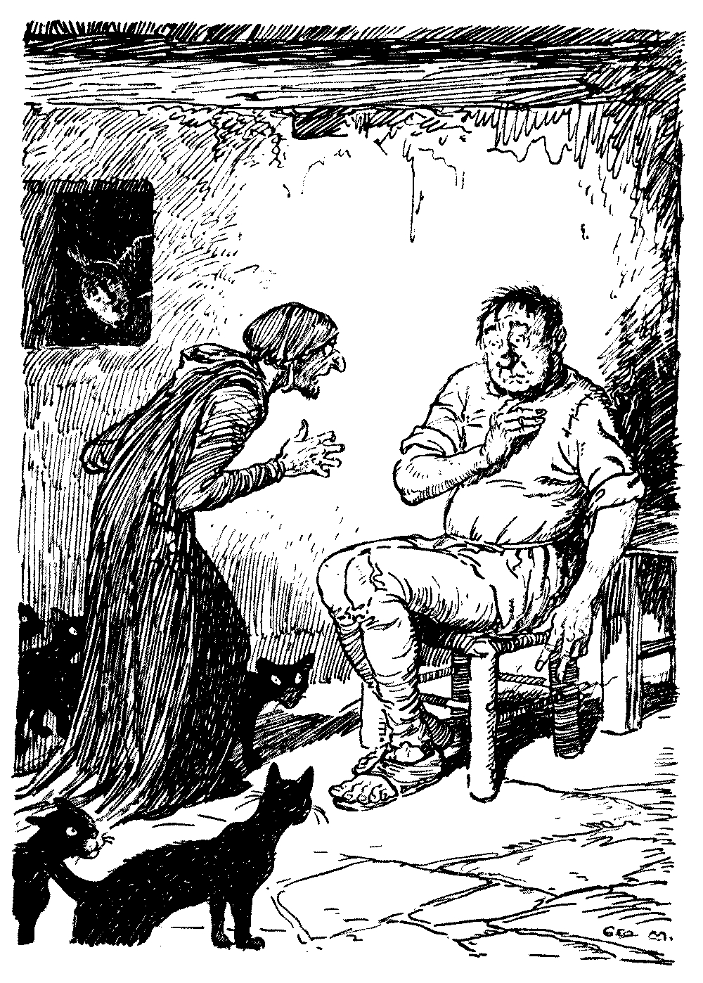 A drawing of woman looking with surprise at a man, while a jester witness this from a window.