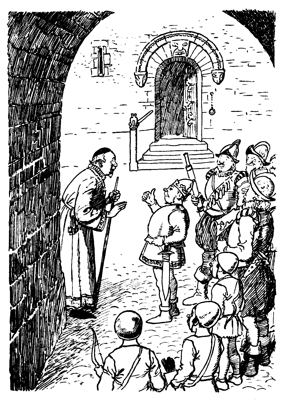 A drawing of a cleric speaking with a king, with several soldiers watching.