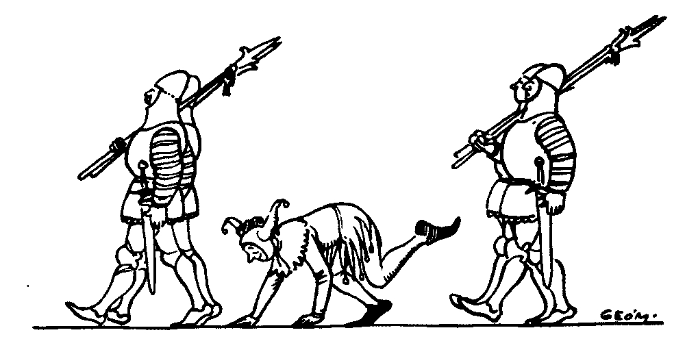 A drawing of a jester wlaking on all fours between two rows of soldiers.