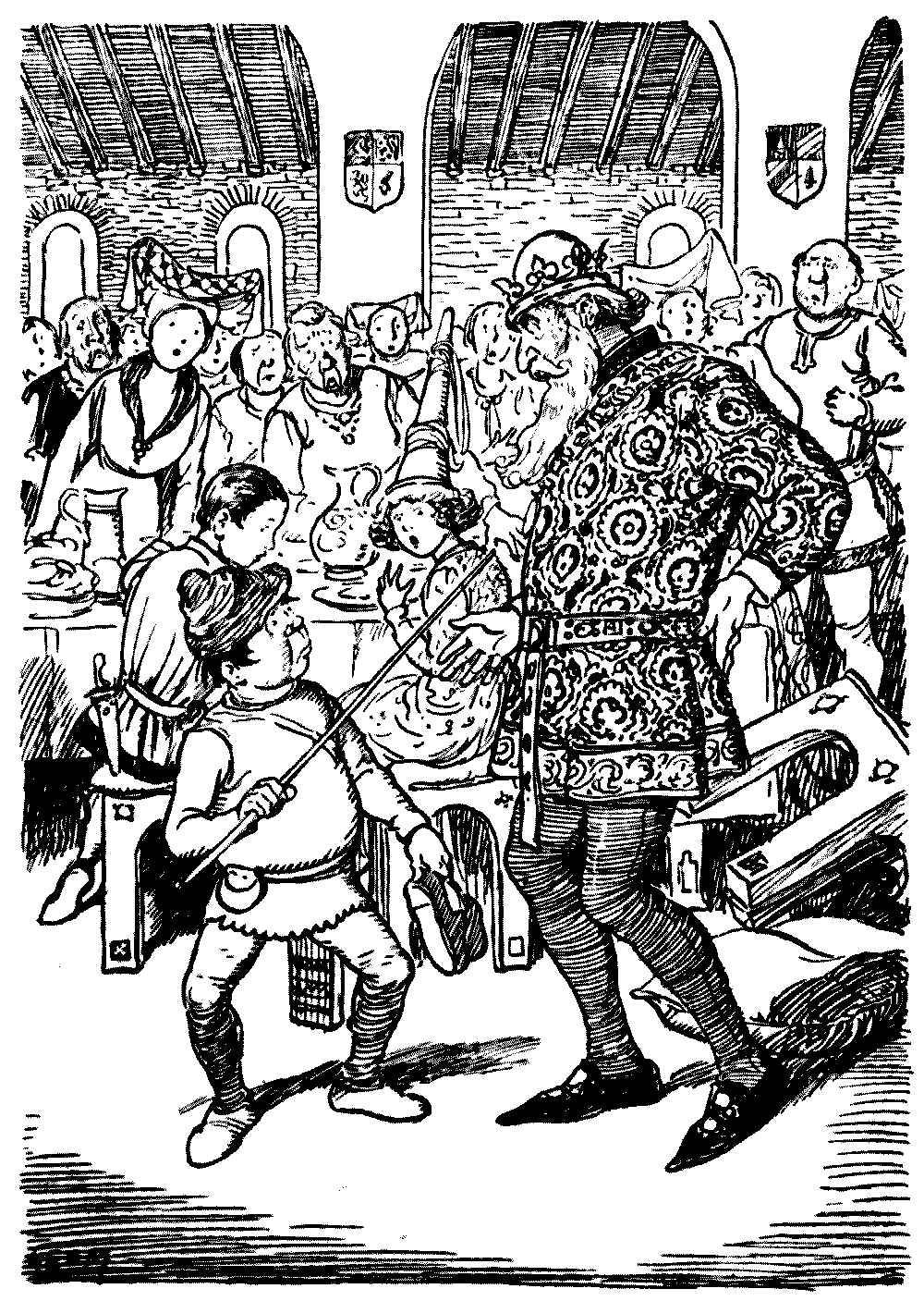 A drawing of a snerg pointing a stick at a man, while a surprised crowd watches.