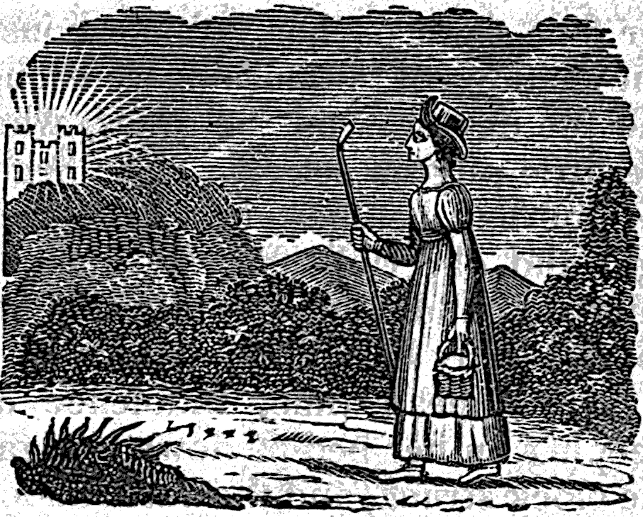 Diligence holding her staff looking towards the hills