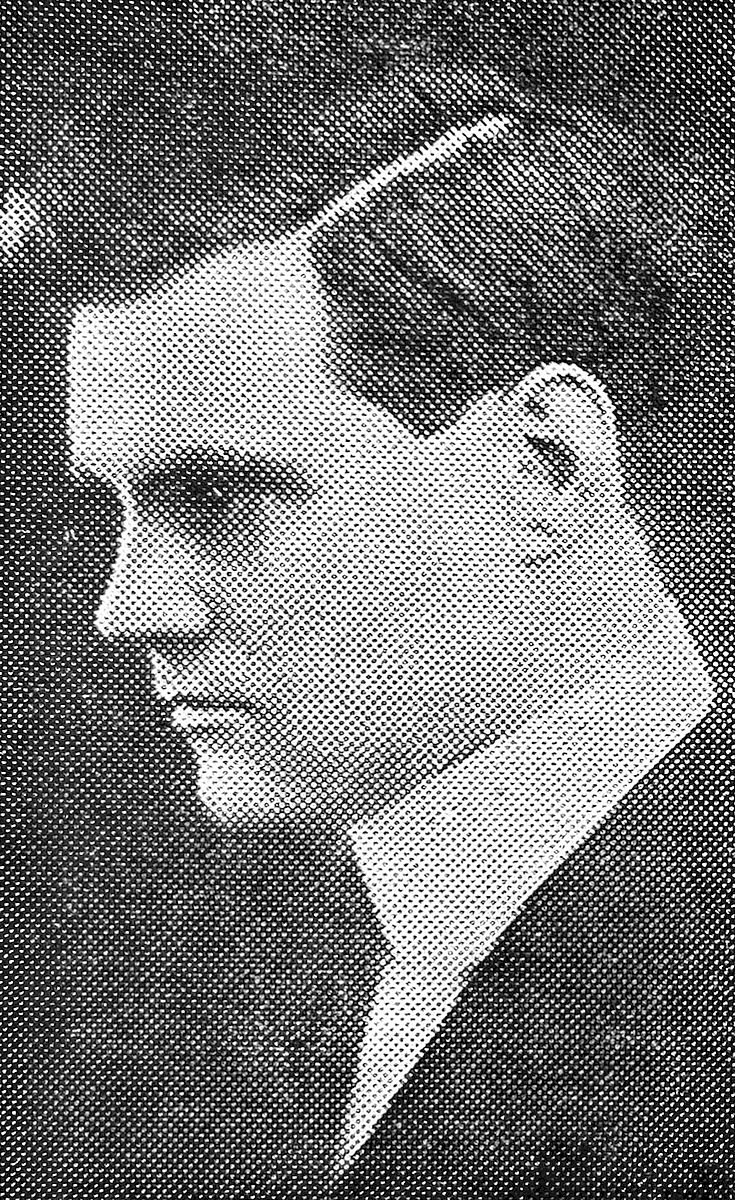 A coarse halftone newspaper photograph of Hudgings in three-quarter profile, facing left. Short dark hair, light-coloured shirt or collar visible.
