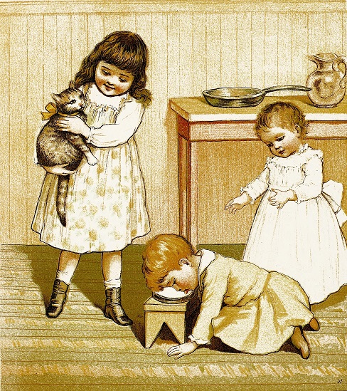 Two children, one holding a cat, watch as a third   pretends to be a cat lapping at the milk
