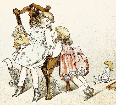 Children with their dolls and doll pram draped over a chair