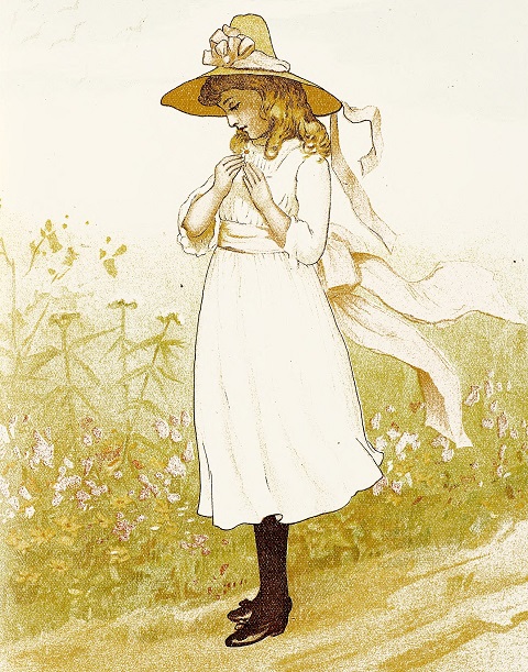 Maiden holds the daisy blossom to her chest