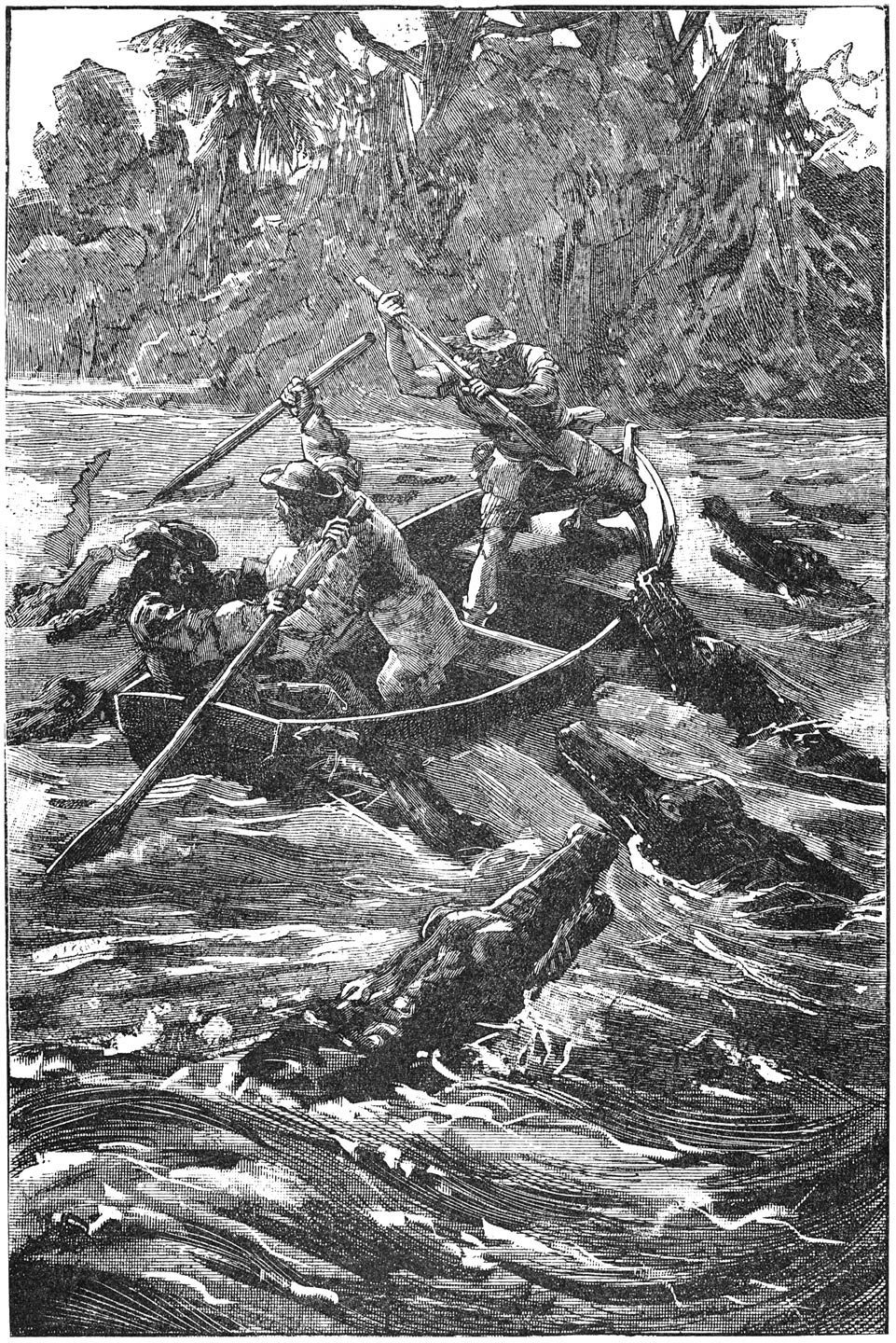 Verscheidene kaaimannen deden hun best om de prauw te doen kantelen, vier van de sterksten waren tegelijk daarmede bezig.—Blz. 17.