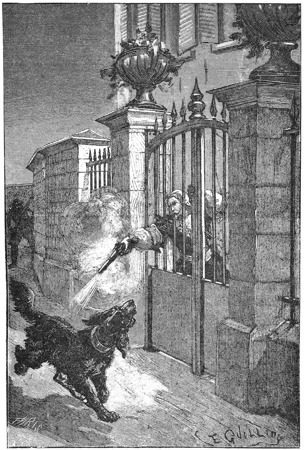 Bij de poort gekomen bleef het dier staan. Don Fernando trok een pistool uit zijn gordel en loste het op den hond.—Blz. 196.