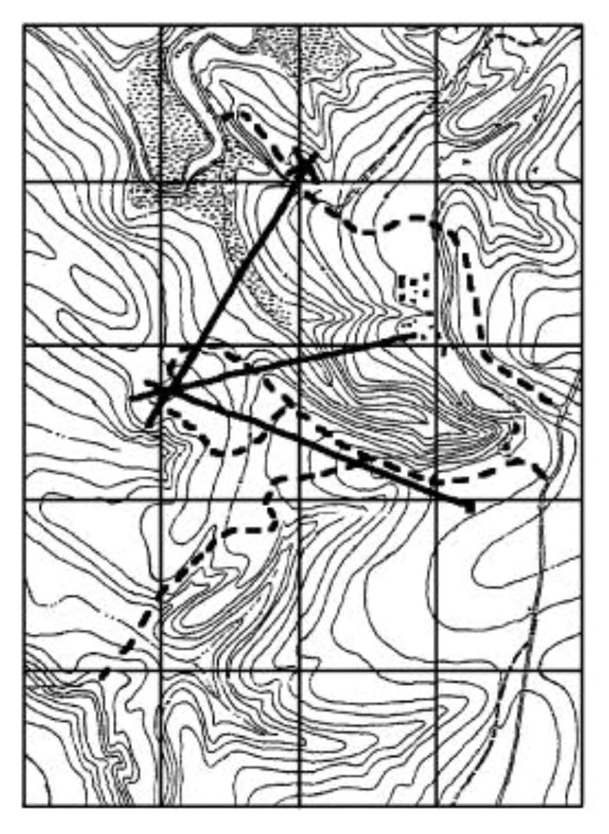 Sketch of a topographical map showing identifiable features with known positions; lines intersecting them will determine location of the viewer (troop), as described in paragraphs 1-5, immediately preceding.