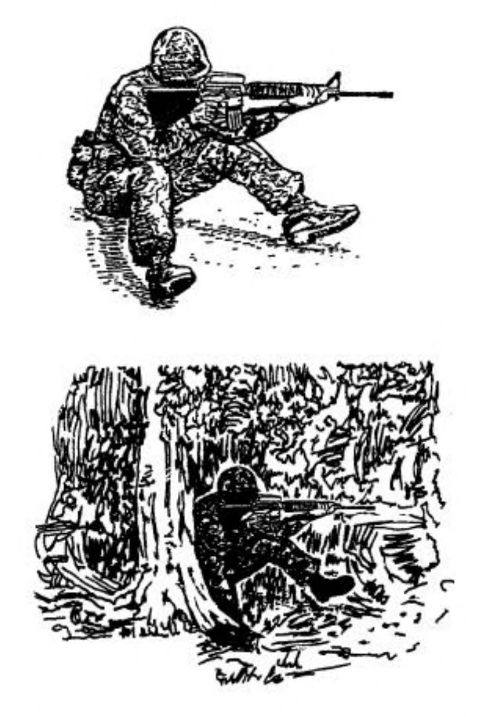 Sketch of two images of a troop wearing a camouflage uniform aiming a rifle; in the first the troop is seated against a white background; in the second the troop is shown blended into the background of a wooded area.
