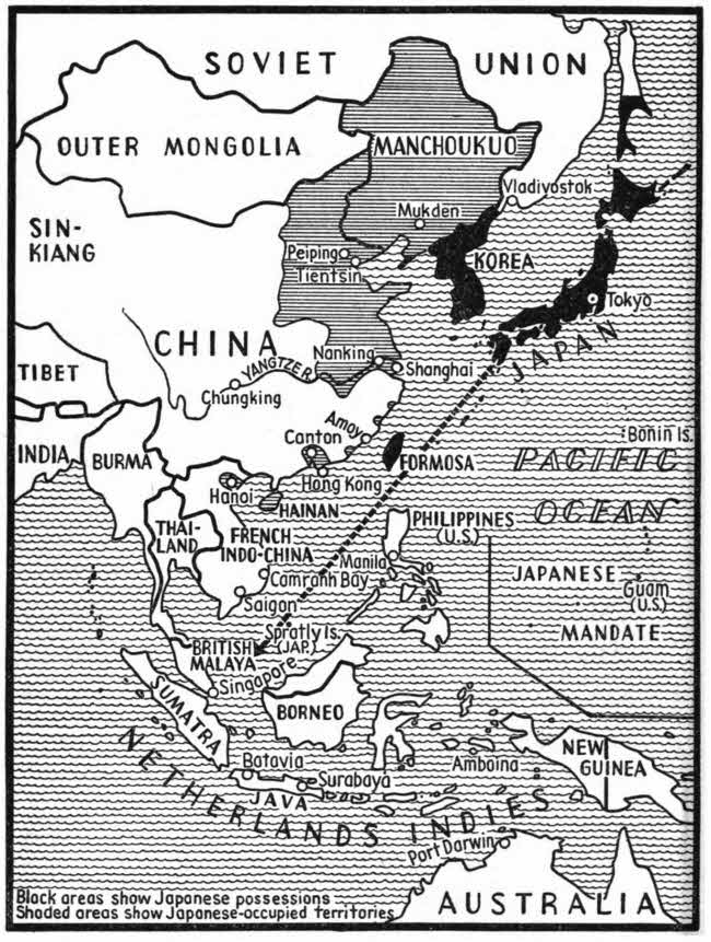 This map shows the extent of Japanese possessions and occupied territories.