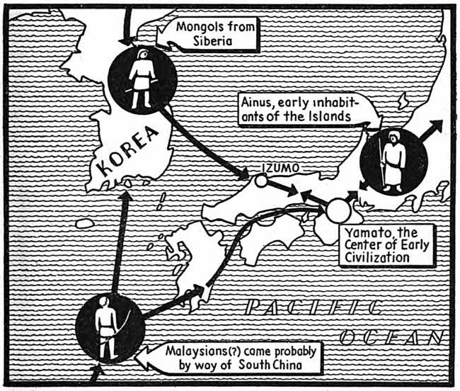 This map shows two main early migration routes into Japan, Mongols through Korea and possibly Malaysians through South China.