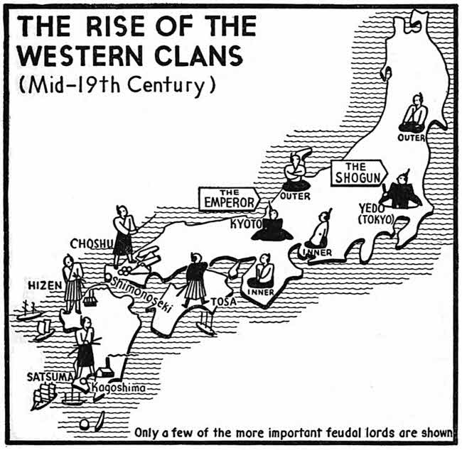 The  map shows the locations of a few of the more important feudal lords.