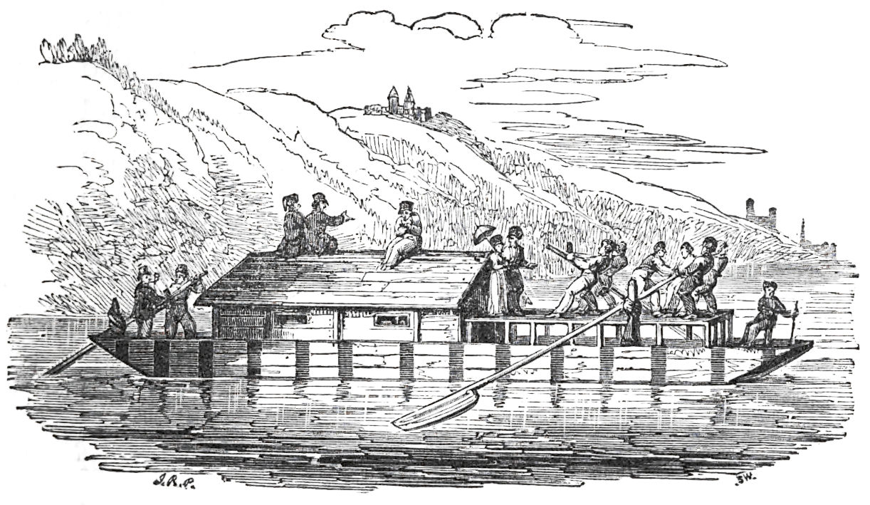 Flat-bottomed boat on the Danube with rowers and passengers gathered on deck.