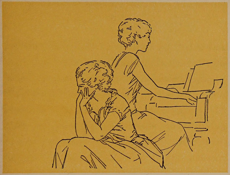 Two women, one playing piano and the other with her chin in her hands