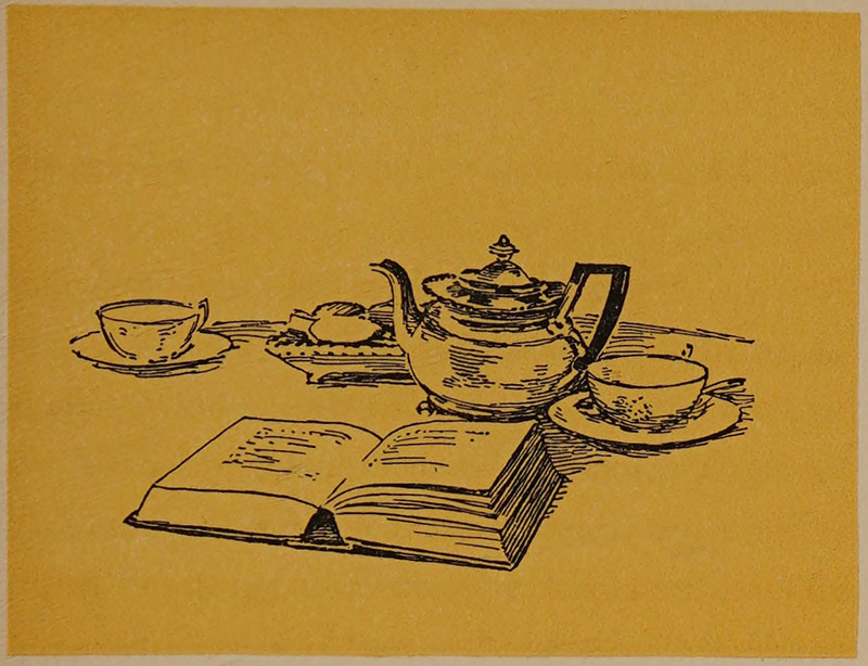 A teapot, teacups and saucers, and an open book