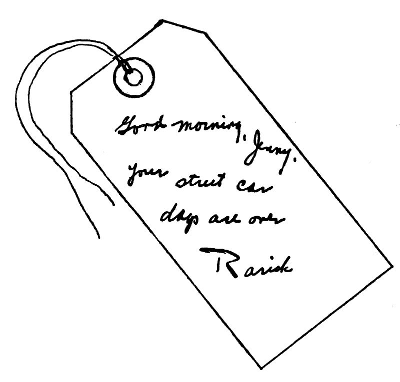 Drawing of a tag with words on it    and with a hole that has string through it.