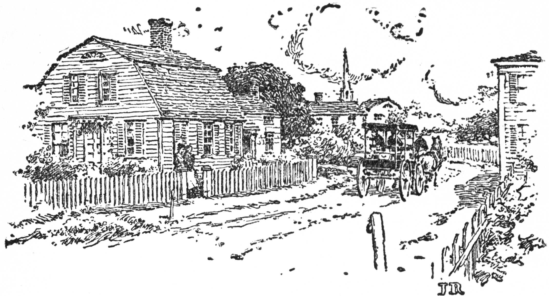 Horse-drawn wagon passing cottage