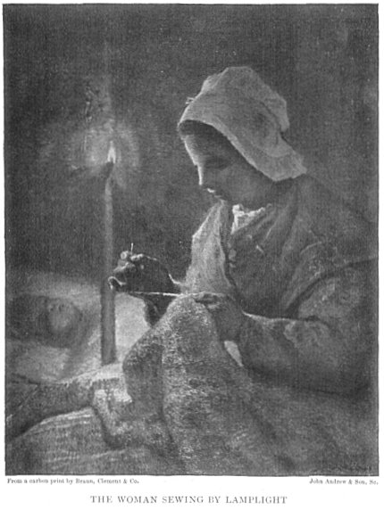 From a carbon print by Braun, Cl&eacute;ment & Co. THE WOMAN SEWING BY LAMPLIGHT John Andrew & Son, Sc.