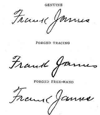 The first signature is the original. The second is a
bungling traced forgery and the third is a forged freehand.