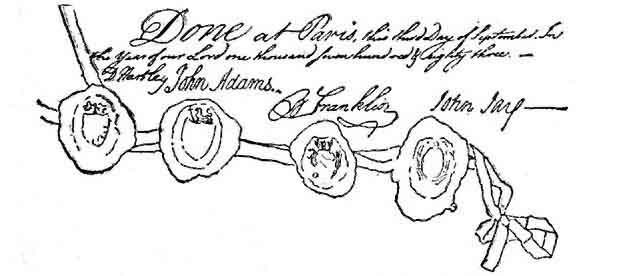 Reduced copy of the signatures and seals of the English
and American commissioners who signed the treaty of peace between
Great Britain and the United States in 1783.