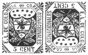 Clich&eacute; with two stamps, "Colombia", 5 cents