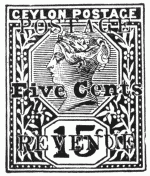 Stamp, "Ceylon", 15 cents, surcharged 5 cents, Postage,
Revenue
