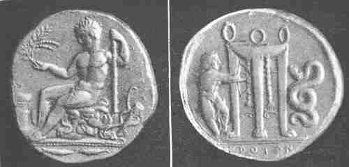 Silver stater of Croton (about 400 B.C.).  Obv.  Hercules, the Founder.  Rev.  Apollo shooting the Python by the Delphic Tripod