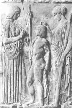 Demeter and Persephone sending Triptolemos on his mission.  Marble relief found at Eleusis&mdash;now in Athens