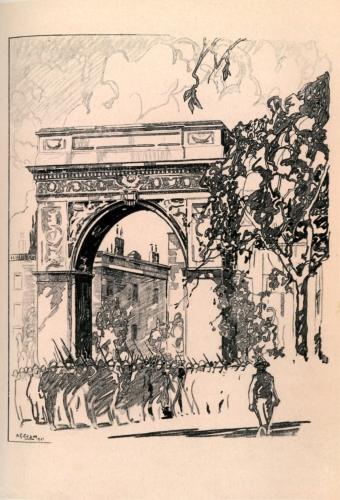 THE WASHINGTON ARCH. A SPLENDID SENTINEL GUARDING THE
APPROACH TO THE AVENUE. BEYOND, HOUSES DATING FROM THE THIRTIES OF THE
LAST CENTURY, THAT MARK THE BEGINNING OF THE STRETCH OF TRADITION