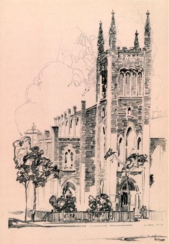 AT THE NORTHEAST CORNER OF THE AVENUE AND TENTH STREET IS
THE EPISCOPAL CHURCH OF THE ASCENSION, BUILT IN 1840, AND CONSECRATED
NOVEMBER 5, 1841. IT BELONGS TO A PART OF THE AVENUE, FROM THE SQUARE TO
TWELFTH STREET, WHICH HAS CHANGED LITTLE SINCE 1845