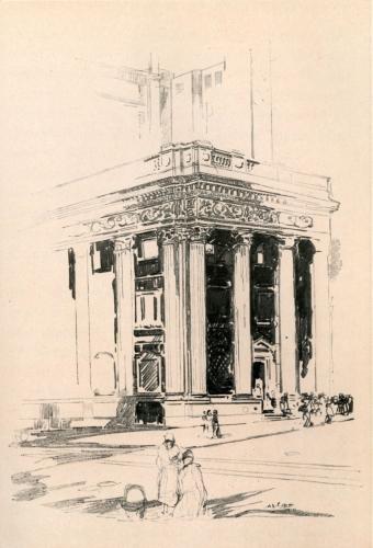 WHERE THE AVENUE AND THIRTY-FOURTH STREET CROSS STANDS
THE BUILDING POPULARLY KNOWN AS THE KNICKERBOCKER TRUST COMPANY. HERE,
IN THE MIDDLE OF THE LAST CENTURY, "SARSAPARILLA" TOWNSEND BUILT IN
BROWN-STONE, AND A.&nbsp;T. STEWART LATER BUILT IN WHITE MARBLE