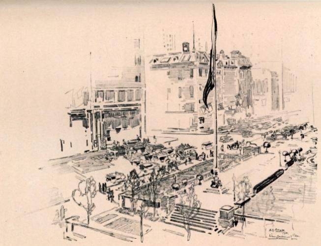 THE TERRACE OF THE PUBLIC LIBRARY. TO-DAY THE SPOT IS THE
SCENE OF THE ACTIVITIES OF THOSE ENGAGED IN THE WORK OF SPEEDING
AMERICA'S ANSWER. ONCE IT WAS FAR UPTOWN, AND ON THE EASTERN SIDE OF THE
AVENUE WERE THE RESIDENCES KNOWN AS "SPANISH ROW," OR "THE HOUSE OF
MANSIONS"
