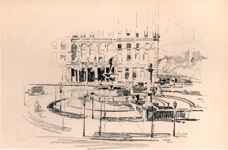 SOUTH OF WHERE "ST. GAUDENS'S HERO, GAUNT AND GRIM, RIDES
ON WITH VICTORY LEADING HIM," MAY BE SEEN THE FOUNTAIN OF ABUNDANCE,
AND, IN THE BACKGROUND, THE NEW PLAZA HOTEL